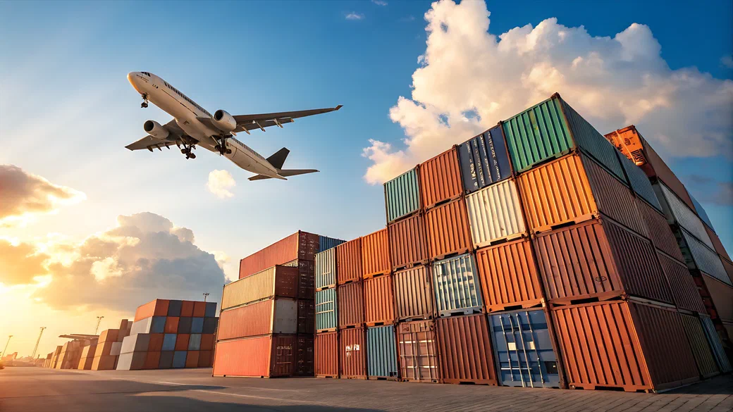 A cargo airplane taking off over stacked shipping containers