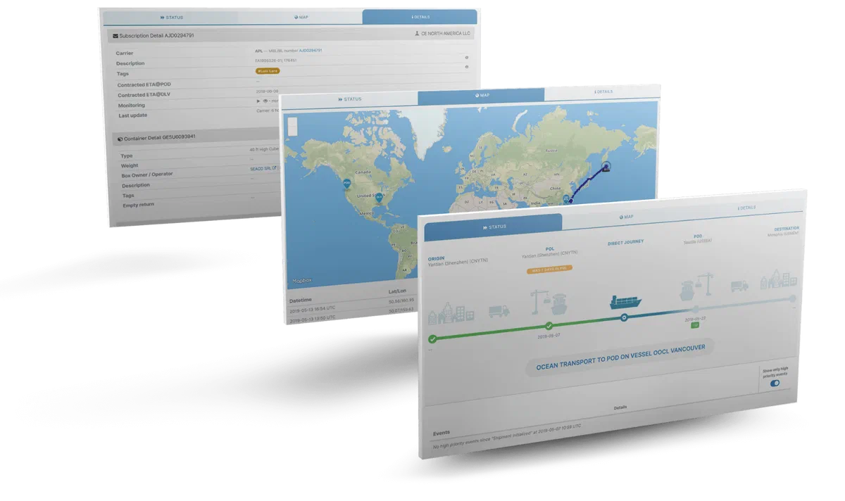 The SAMMIE dashboard showing live shipment tracking, ETAs, and document management across multiple screens