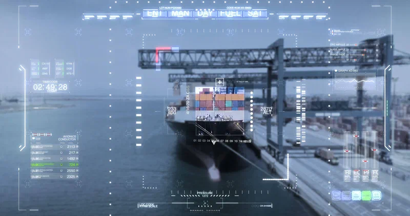 Futuristic GPS tracking overlay on a loaded cargo ship