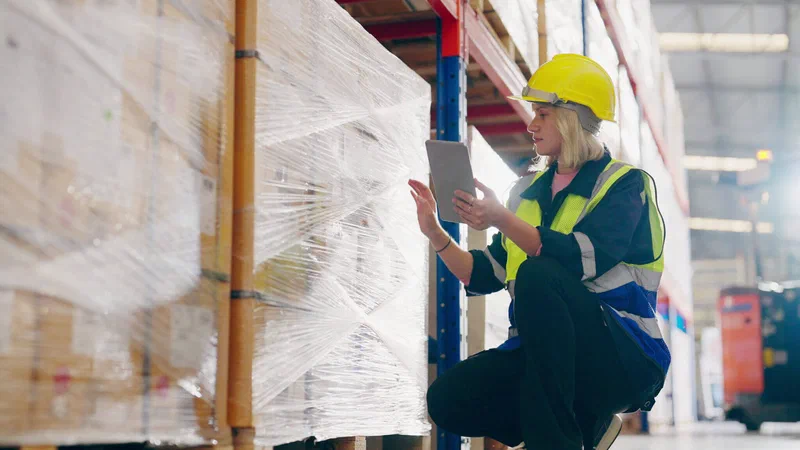 Warehouse worker checking inventory on a digital tablet